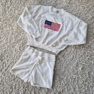 White Knit Lounge Set | American Flag Crewneck & Shorts | Size S